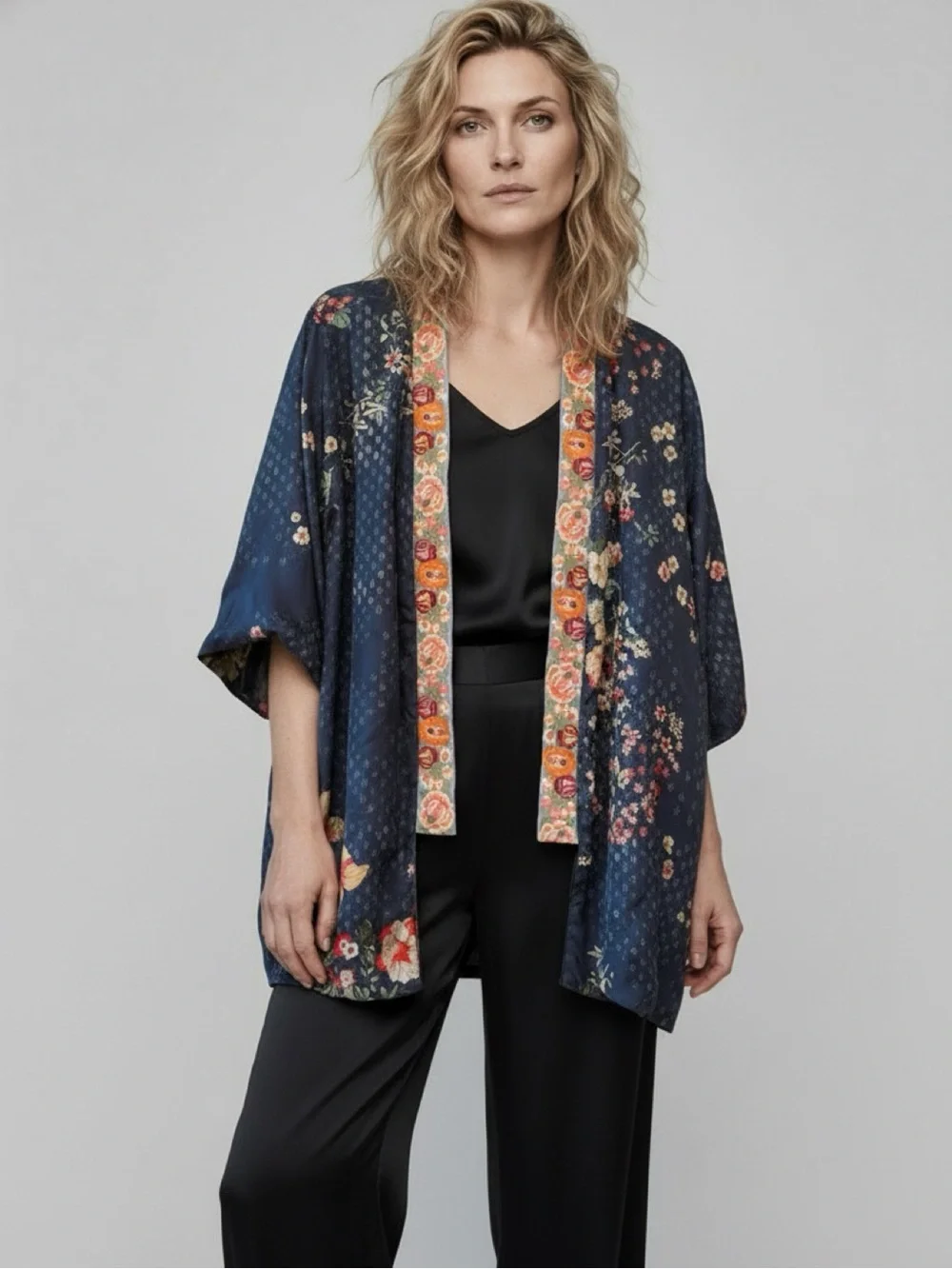JOHNNY WAS PETITE KEHLANI REVERSIBLE FLORAL VELVET/SILK KIMONO EMBROIDERY BOHO